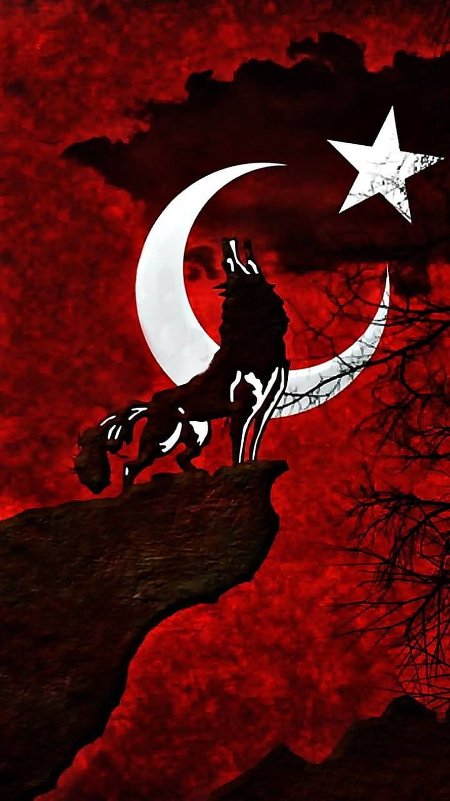 Bozkurt Wolf Howling at Crescent Moon and Star Against Dark Red Sky HD phone wallpaper