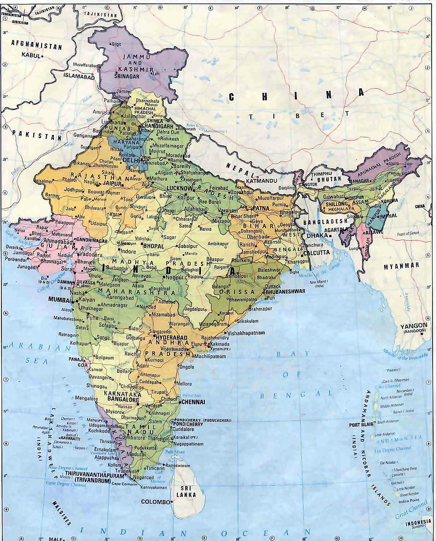 Detailed Political Map of India Showing States, Cities, and Neighboring Countries HD phone wallpaper