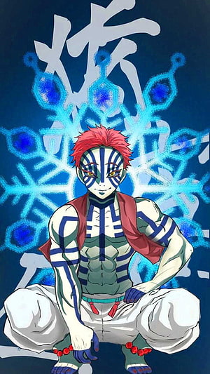 Akaza from Demon Slayer Sitting with Blue Snowflake Aura and Red Hair HD phone wallpaper