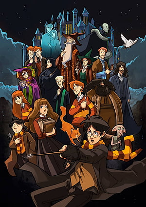 Harry Potter Ensemble Cast Illustration with Hogwarts Castle and Characters HD phone wallpaper
