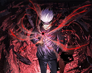 Satoru Gojo from Jujutsu Kaisen channeling red energy in a dark rocky environment HD wallpaper