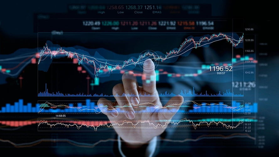 Hand Interacting with Digital Stock Market Candlestick Chart and Financial Data HD wallpaper