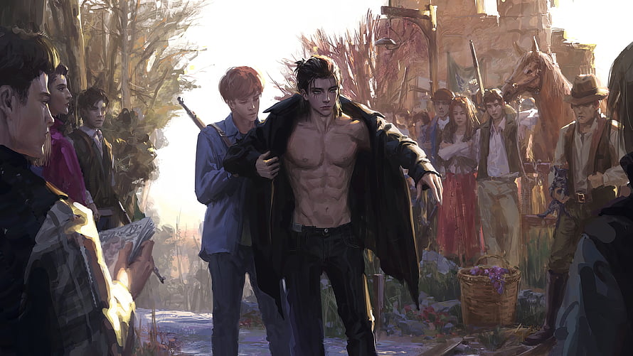 Eren Yeager Concept Art: Shirtless Warrior in a Crowded Village Market HD wallpaper