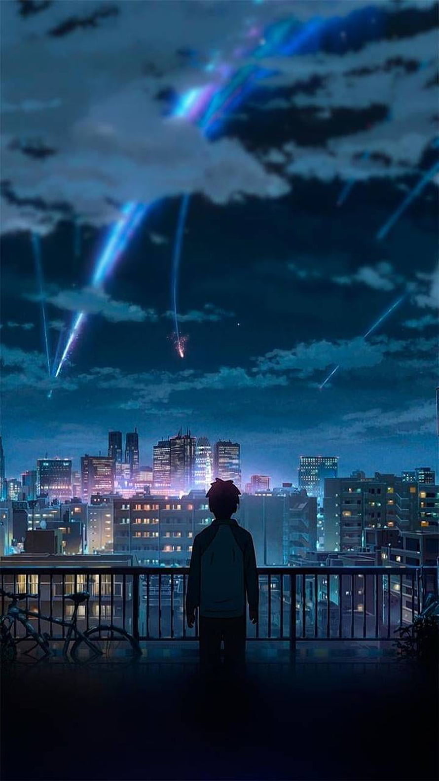 Kimi no Na Wa Anime Scene: Boy Watching Meteor Shower Over City at Night HD phone wallpaper