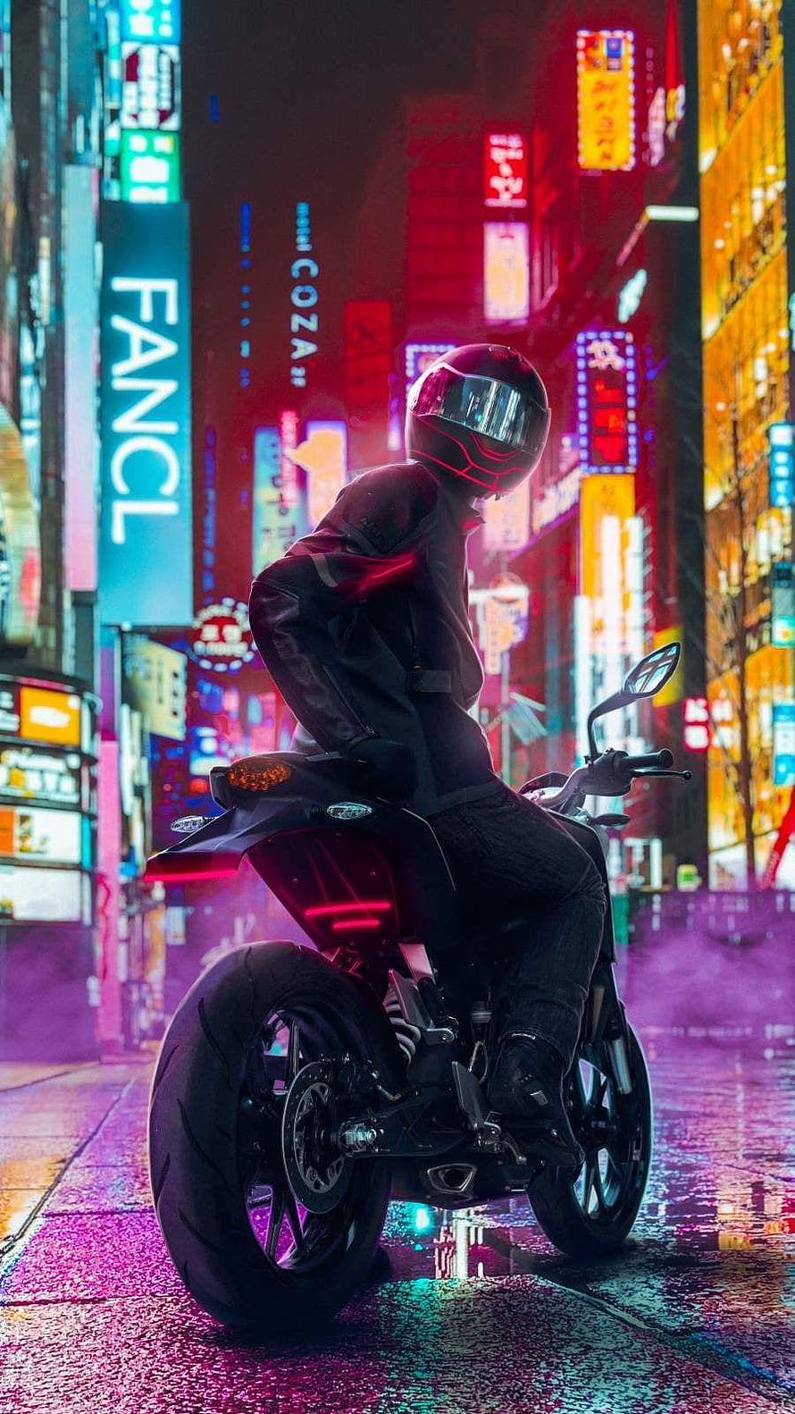 Neon-lit biker in full-face helmet on a black motorcycle in a rain-slicked cyberpunk city street at night HD phone wallpaper