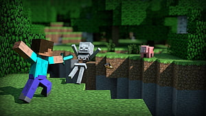Minecraft Steve Fighting a Skeleton in a Lush Forest Biome HD wallpaper