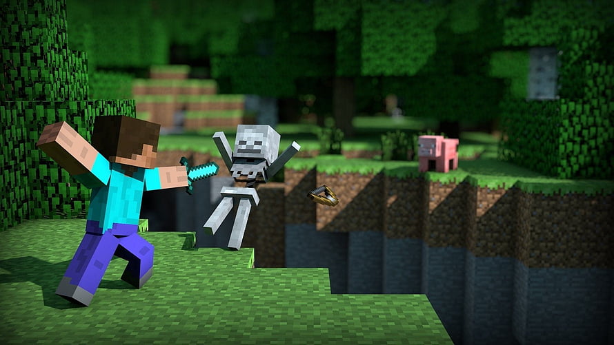 Minecraft Steve Fighting a Skeleton in a Lush Forest Biome HD wallpaper