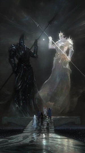 Cosmere Fantasy Art: Two Giant Figures Clashing Spears Above a Group of Observers HD phone wallpaper