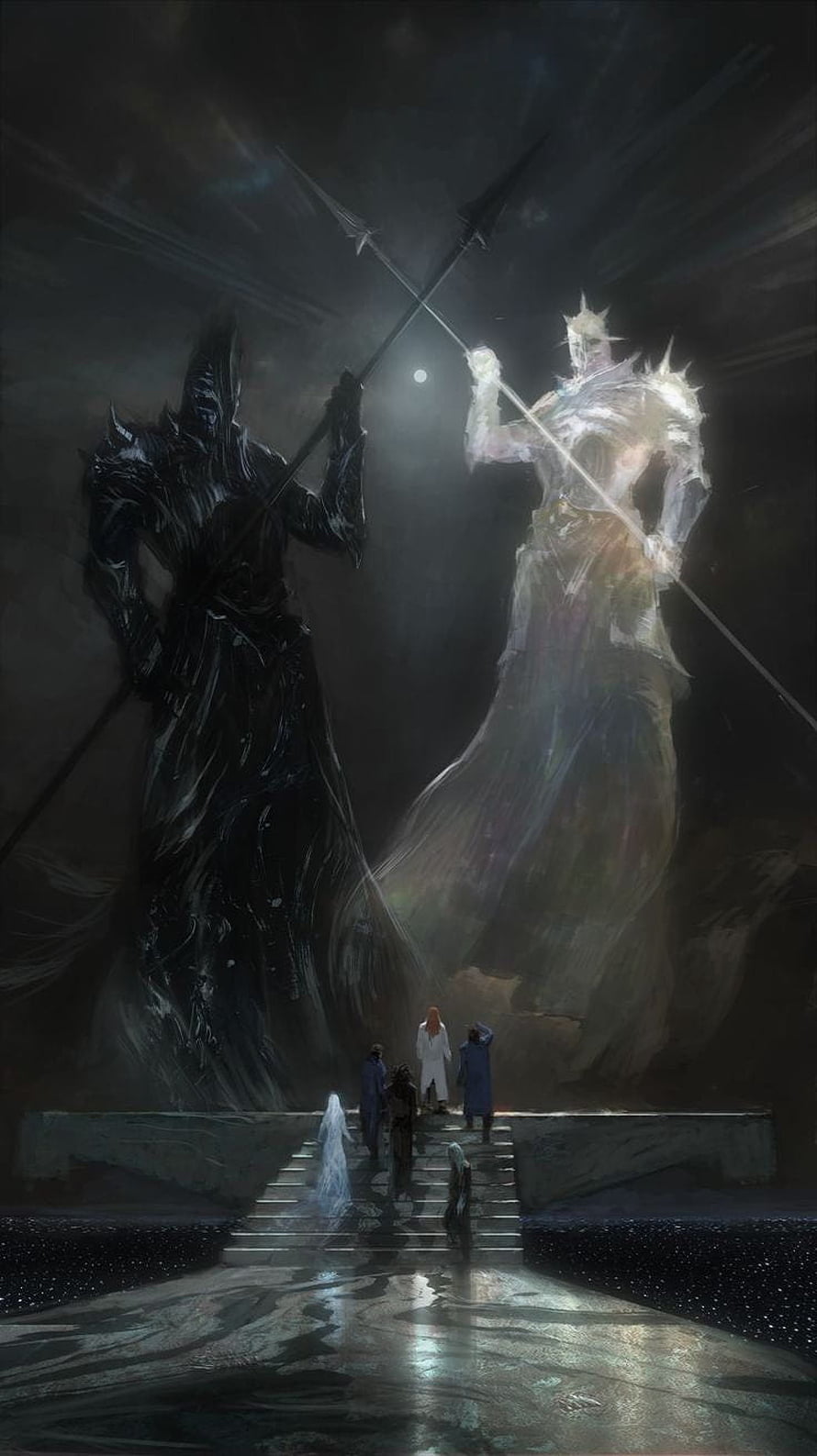Cosmere Fantasy Art: Two Giant Figures Clashing Spears Above a Group of Observers HD phone wallpaper