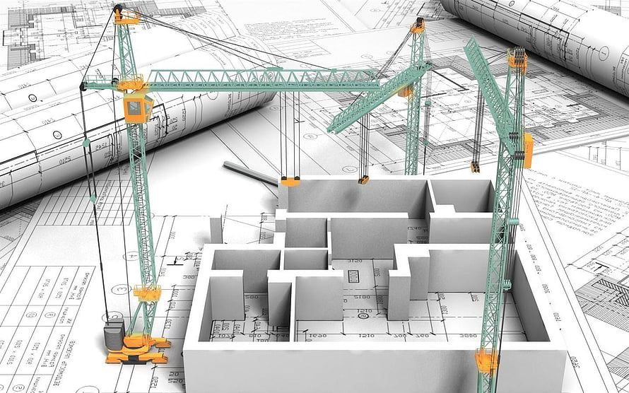 3D Architectural Blueprint with Construction Cranes and Building Model HD wallpaper