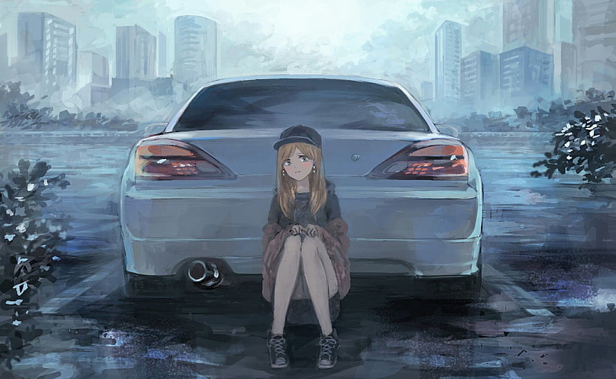 Anime Girl Sitting on Rear Bumper of Silver JDM Car in Rainy City HD wallpaper