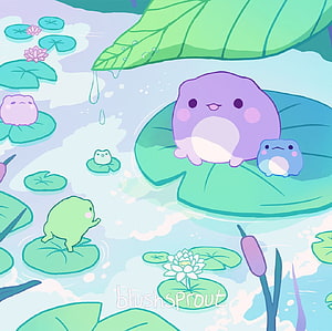 Cute Blushsprout Frog Pond Illustration with Kawaii Characters on Lily Pads HD wallpaper