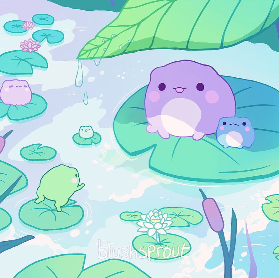 Cute Blushsprout Frog Pond Illustration with Kawaii Characters on Lily Pads HD wallpaper