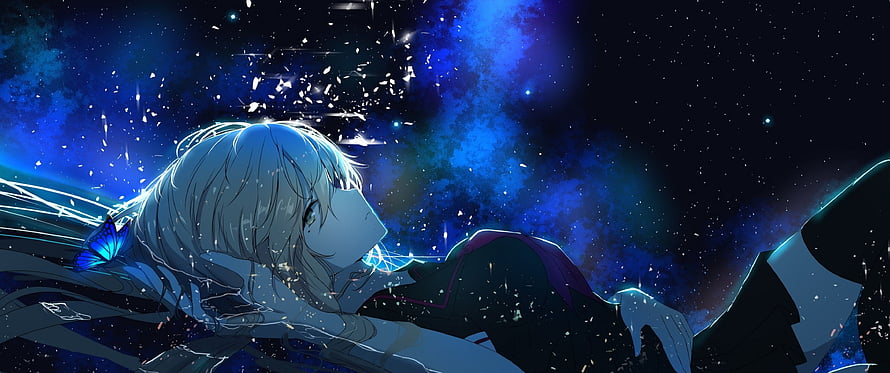 Anime Girl With Blue Butterfly In Starry Night Sky Wallpaper HD wallpaper