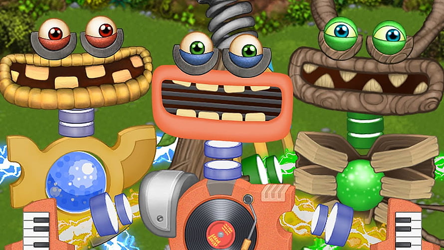 My Singing Monsters Wubbox Trio with Musical Instruments and Cartoon Eyes HD wallpaper