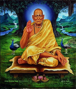 Portrait of Spiritual Guru in Yellow Robes Sitting Under Tree with Peacocks HD phone wallpaper