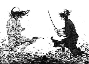 Vigorous Black And White Manga Illustration Of Two Samurai Warriors Engaged In A Fierce Sword Duel, Comics : Vagabond, vagabond takehiko inoue HD wallpaper
