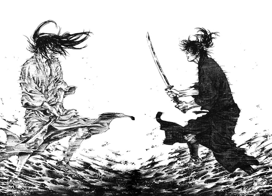 Vigorous Black And White Manga Illustration Of Two Samurai Warriors Engaged In A Fierce Sword Duel, Comics : Vagabond, vagabond takehiko inoue HD wallpaper