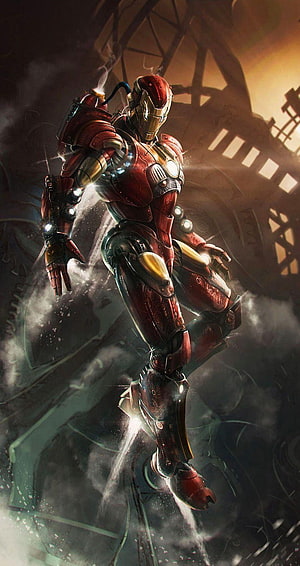 Iron Man Red and Gold Armor Concept Art in Dramatic Industrial Setting, Iron Man 3d For 2, #iron man 3d HD phone wallpaper