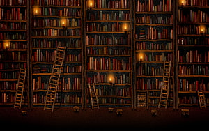 Cozy Fantasy Library Interior With Wooden Ladders And Candlelit Bookshelves HD wallpaper