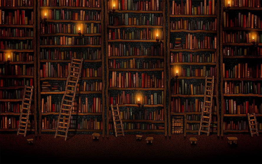 Cozy Fantasy Library Interior With Wooden Ladders And Candlelit Bookshelves HD wallpaper