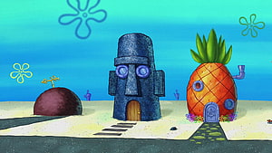 SpongeBob SquarePants Bikini Bottom Street Scene with Pineapple and Moai Houses HD wallpaper