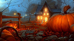 Cozy Halloween Cottage with Glowing Windows and Giant Pumpkins in Autumn Landscape HD wallpaper