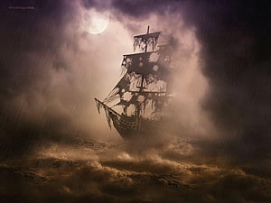 The Black Pearl sailing through a stormy night with a full moon and heavy rain HD wallpaper