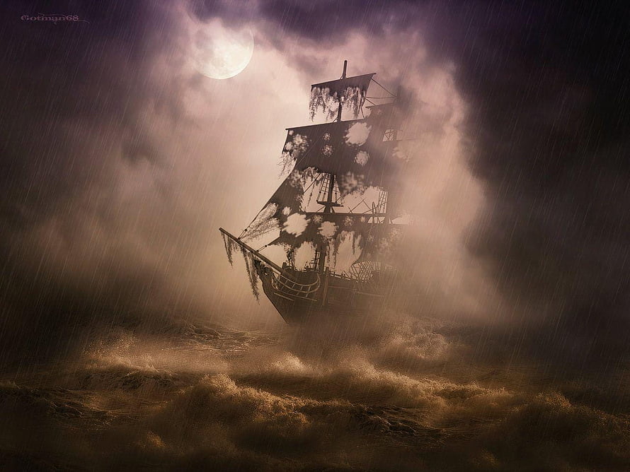 The Black Pearl sailing through a stormy night with a full moon and heavy rain HD wallpaper