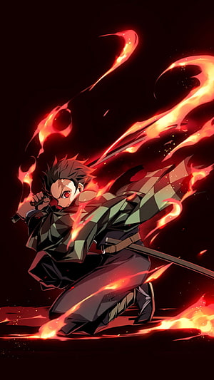 Tanjiro Kamado Demon Slayer Anime Character in Fiery Combat Pose HD phone wallpaper