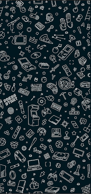 Retro Gaming Icons Pattern Wallpaper with Controllers, Consoles, and Arcade Elements on Dark Background HD phone wallpaper
