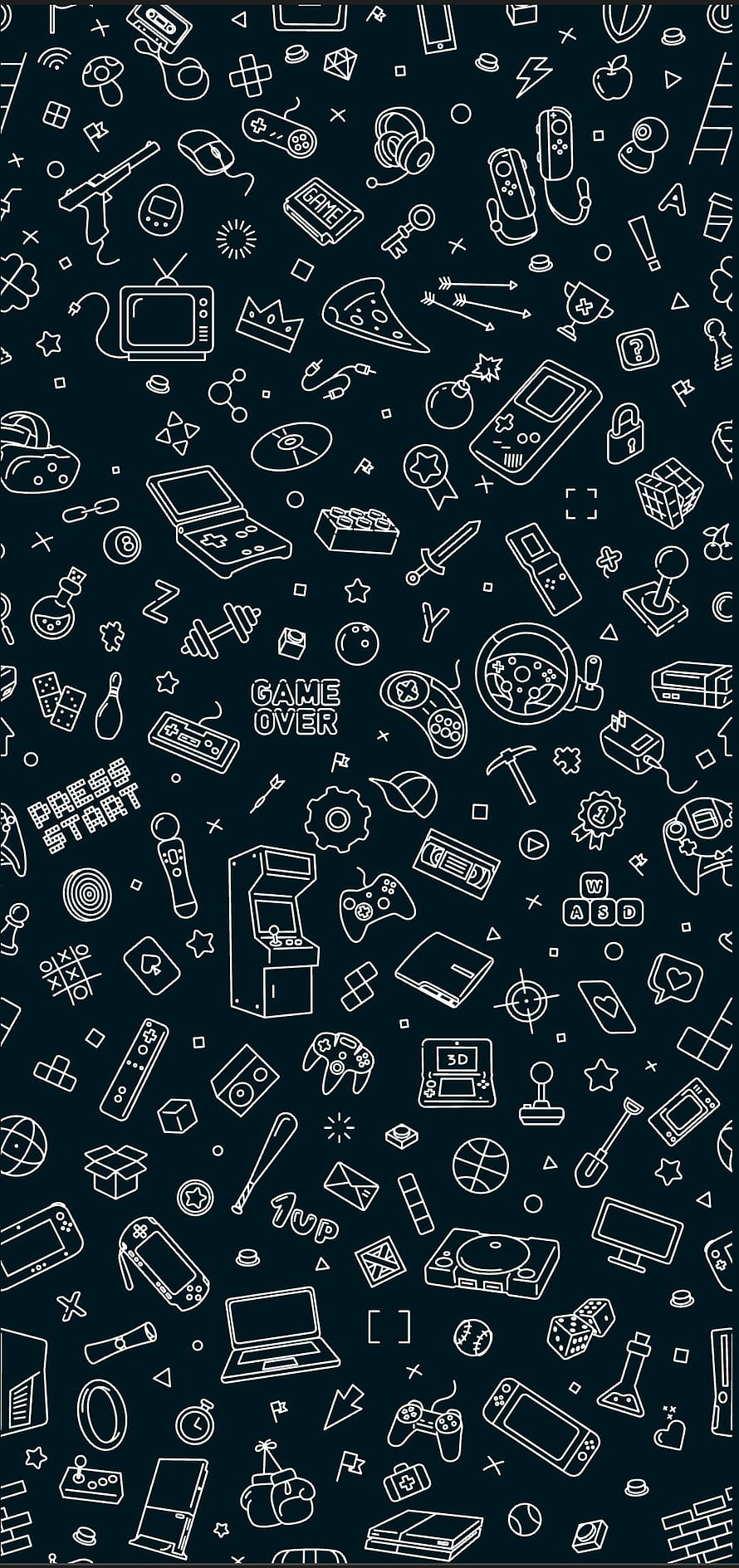 Retro Gaming Icons Pattern Wallpaper with Controllers, Consoles, and Arcade Elements on Dark Background HD phone wallpaper