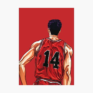 Mitsui Hisashi from Slam Dunk in a red basketball jersey, viewed from behind against a bold red background HD phone wallpaper
