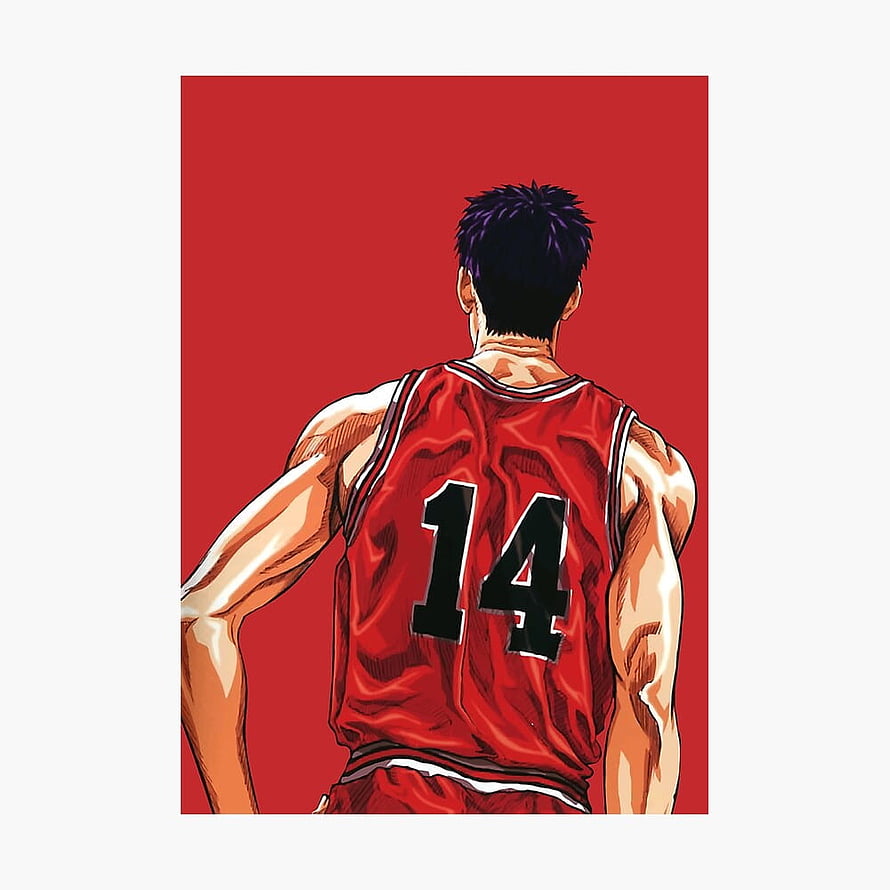 Mitsui Hisashi from Slam Dunk in a red basketball jersey, viewed from behind against a bold red background HD phone wallpaper