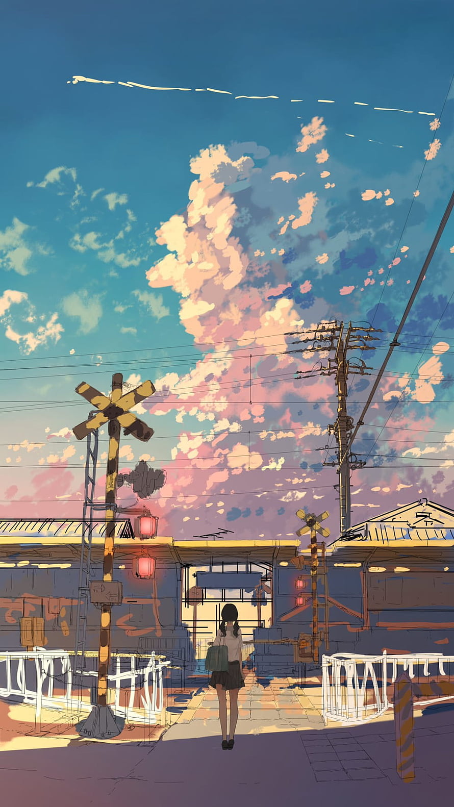 Anime Girl Standing at a Japanese Train Crossing Under a Pink Cloudy Sky HD phone wallpaper