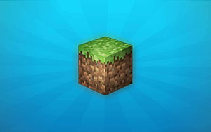 Minecraft Grass Block Cube on Blue Radial Background HD wallpaper