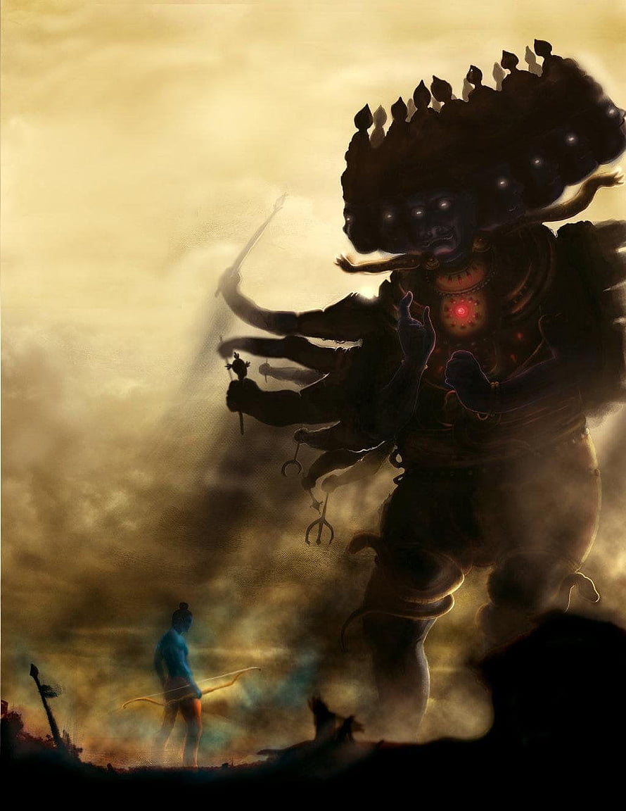 Ravana and Rama Confrontation in Mythological Fantasy Art HD phone wallpaper