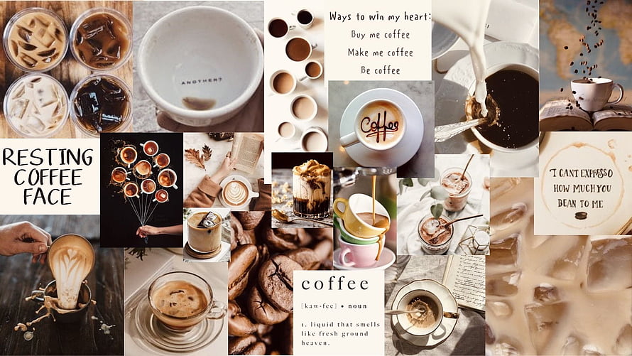 Coffee Lover Aesthetic Collage With Latte Art, Beans, And Funny Puns HD wallpaper
