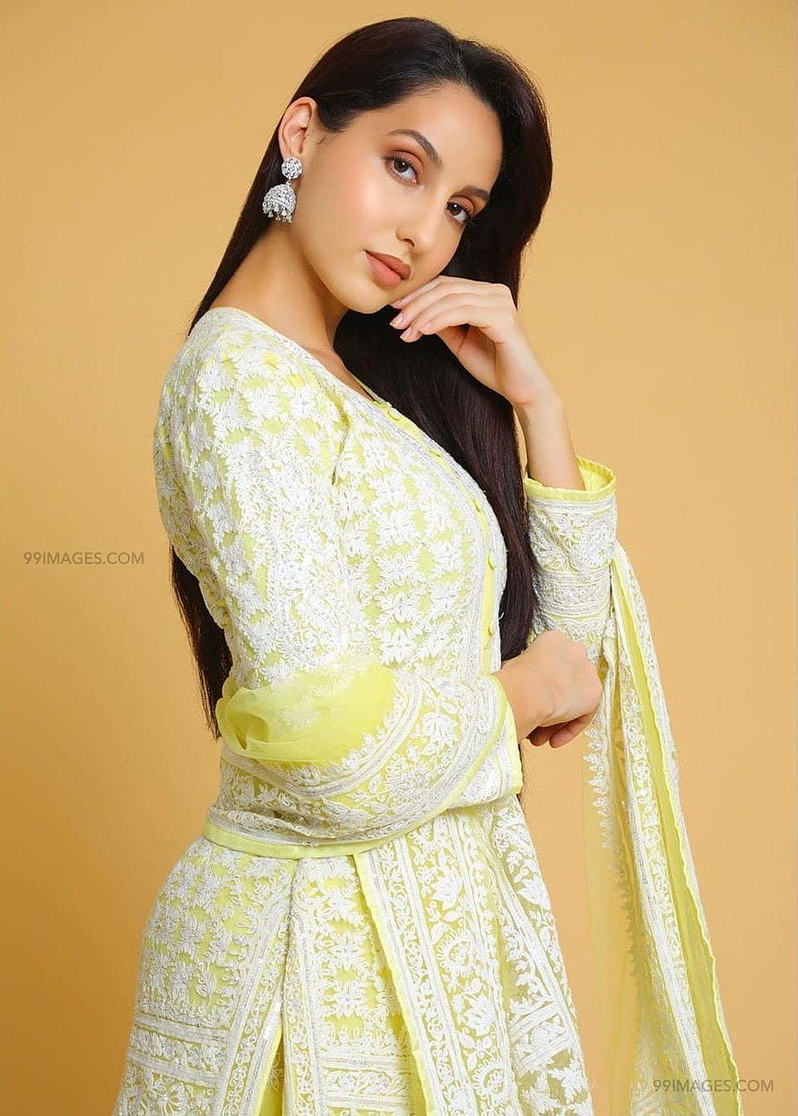 Nora Fatehi in Elegant Lime Green Embroidered Traditional Outfit HD phone wallpaper