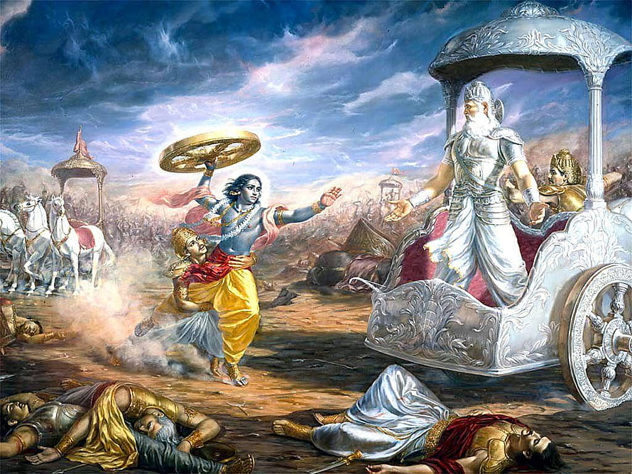 Krishna and Arjuna in the Bhagavad Gita scene on the battlefield of Kurukshetra HD wallpaper