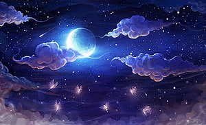 Dreamy Night Sky with Glowing Moon, Swirling Clouds, and Luminous Fireflies HD wallpaper