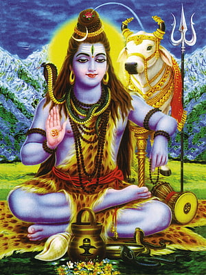 Lord Shiva Meditating in Himalayan Landscape with Nandi and Trishula HD phone wallpaper