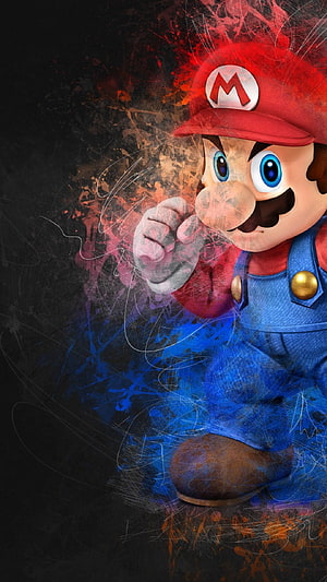 Super Mario 3D Artwork with Grunge Texture and Vibrant Color Splashes on Dark Background HD phone wallpaper
