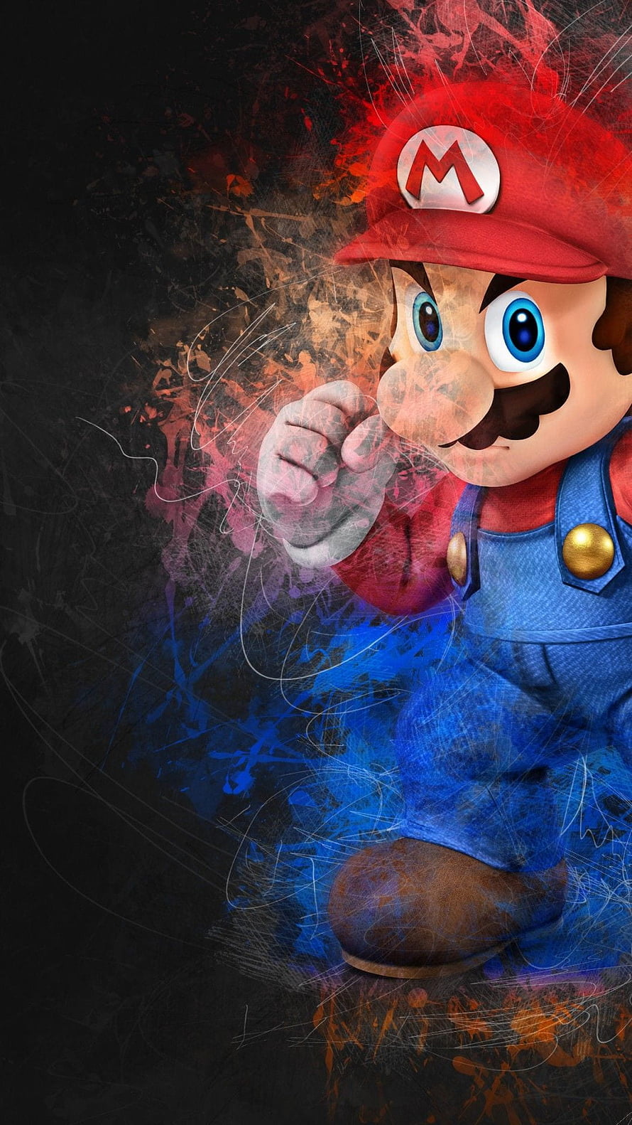 Super Mario 3D Artwork with Grunge Texture and Vibrant Color Splashes on Dark Background HD phone wallpaper