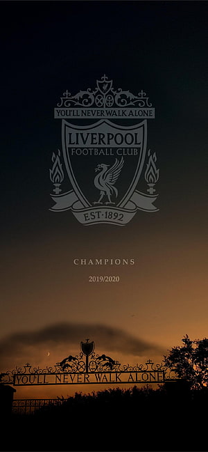 Liverpool FC Crest and Anfield Gate Silhouette at Sunset with Champions 2019/2020 Text HD phone wallpaper