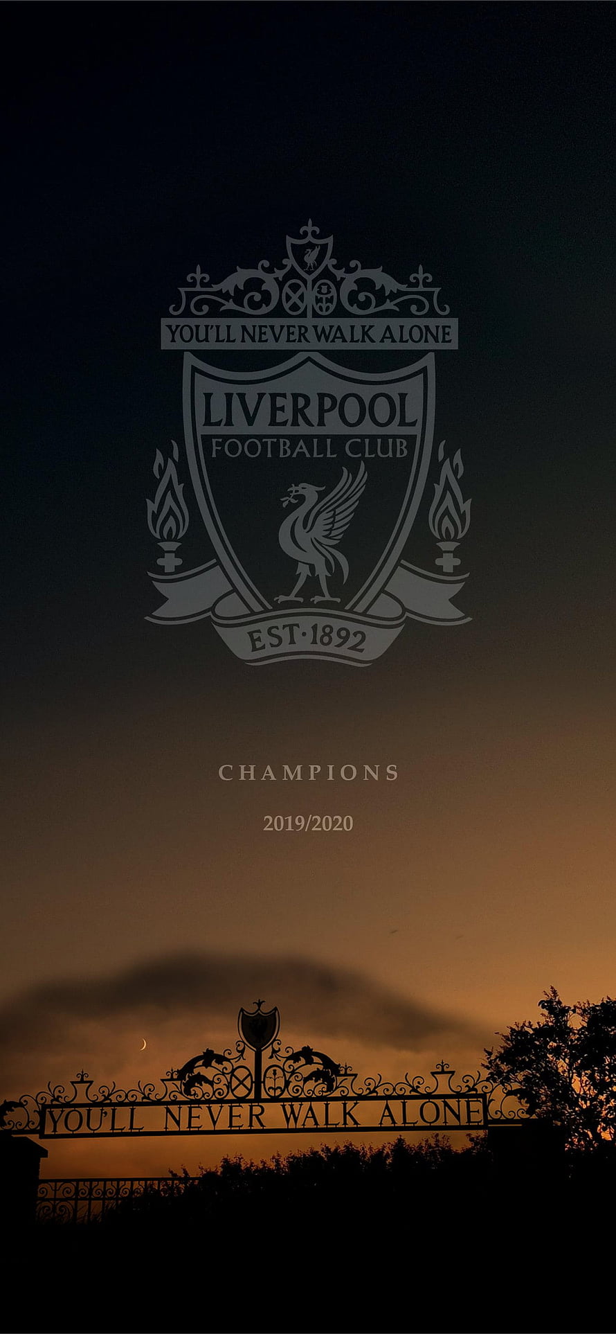 Liverpool FC Crest and Anfield Gate Silhouette at Sunset with Champions 2019/2020 Text HD phone wallpaper
