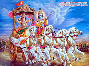 Lord Krishna and Arjuna on the Divine Chariot with White Horses in the Mahabharata HD wallpaper