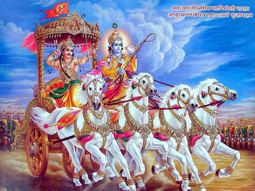 Lord Krishna and Arjuna on the Divine Chariot with White Horses in the Mahabharata HD wallpaper