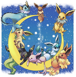 All Eevee Evolutions Resting on a Crescent Moon Under a Starry Night Sky HD phone wallpaper