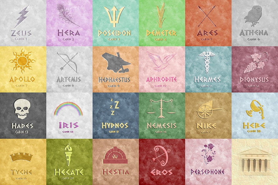 Percy Jackson Greek God Cabin Symbols and Icons Grid HD wallpaper